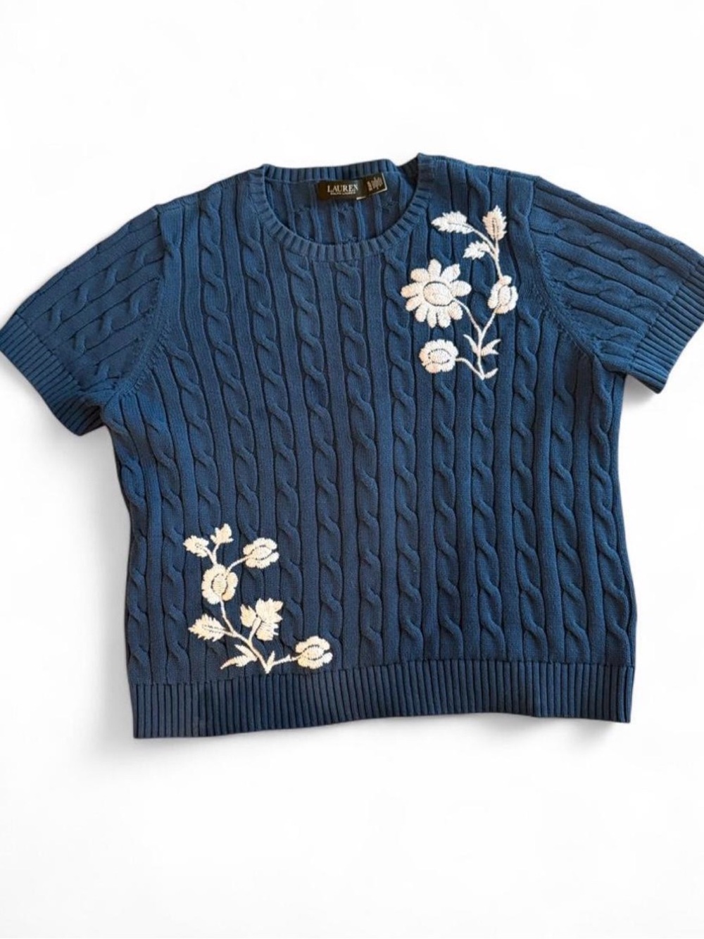 Ralph Lauren Navy Cable-Knit Short-Sleeve Sweater with Floral Embroidery